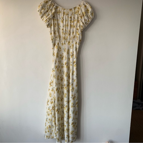 Doen Florencia Silk Short Puff Sleeve Midi Dress Yellow Gold Frolicking Floral